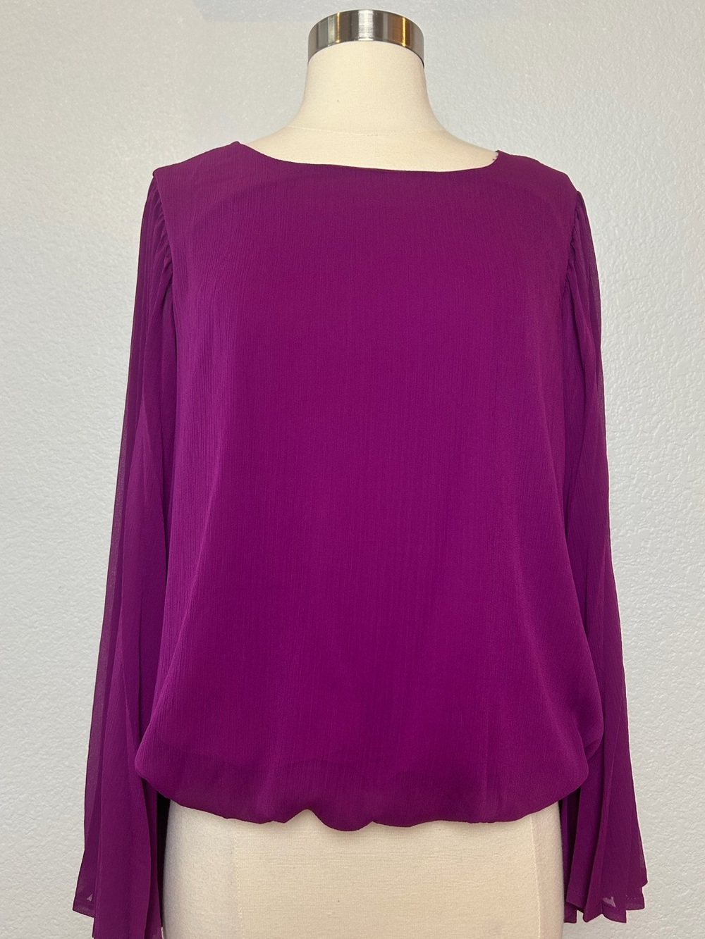 Zashi Blouse Women's Size S Purple Bell Pleated Long Sleeve Lined Pull Over Top